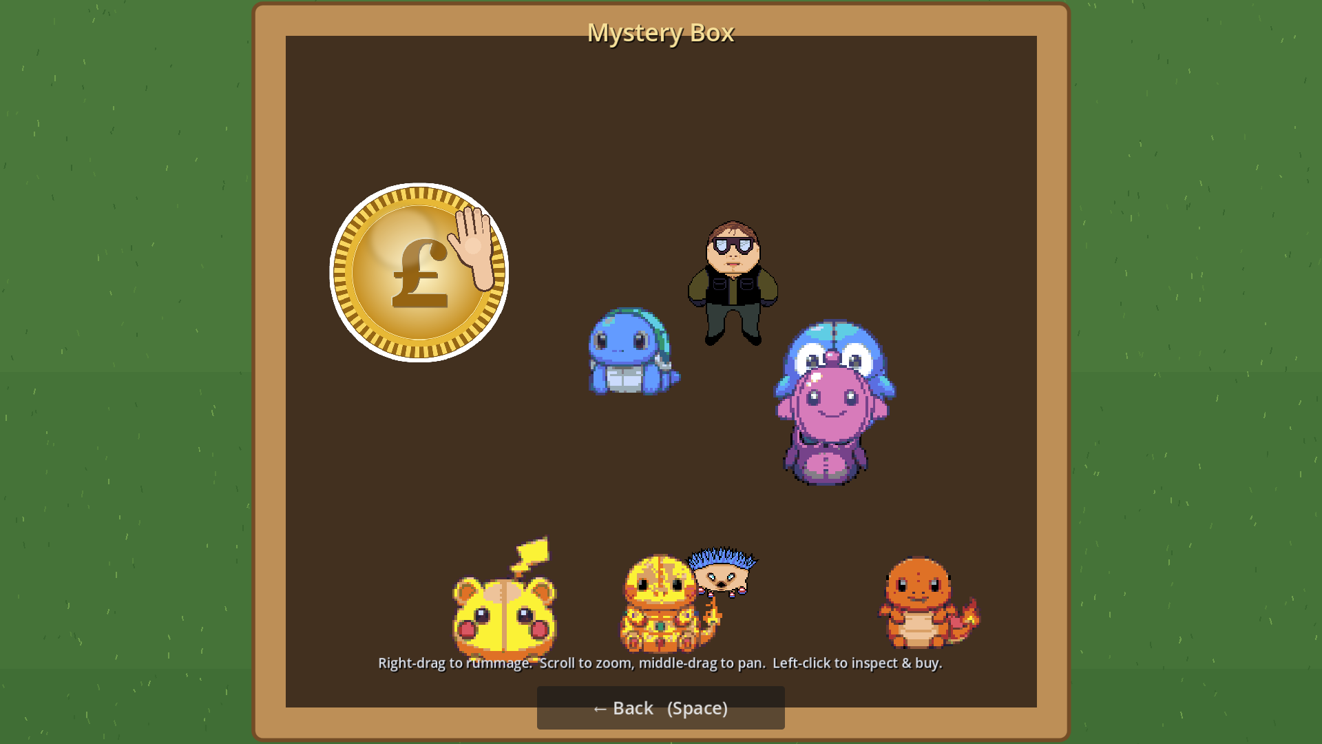 Rummaging a mystery box full of items — plushes and a rare solid gold pound coin.